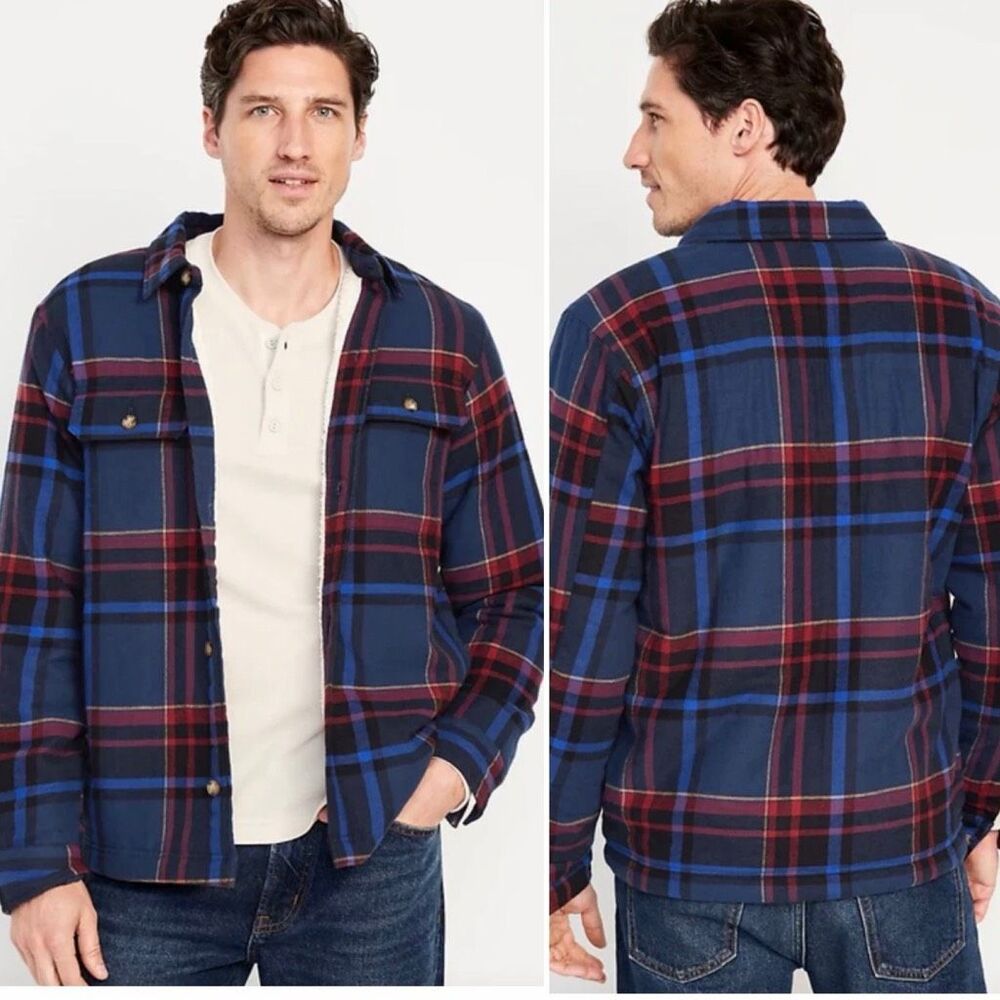 OLD NAVY Navy Plaid Sherpa Lined Flannel Shacket-3X